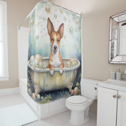 Basenji In Bathtub Watercolor Dog Art Shower Curtain