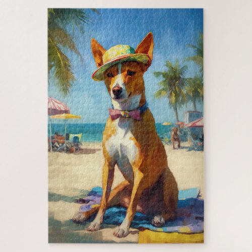 Basenji  on Beach summer gift for dog lovers  Jigsaw Puzzle