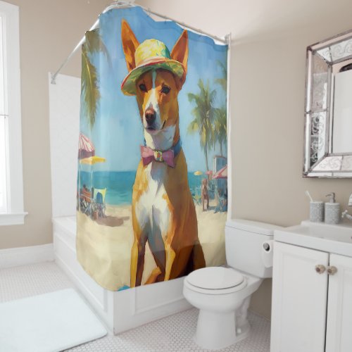 Basenji  on Beach summer gift for dog lovers  Shower Curtain