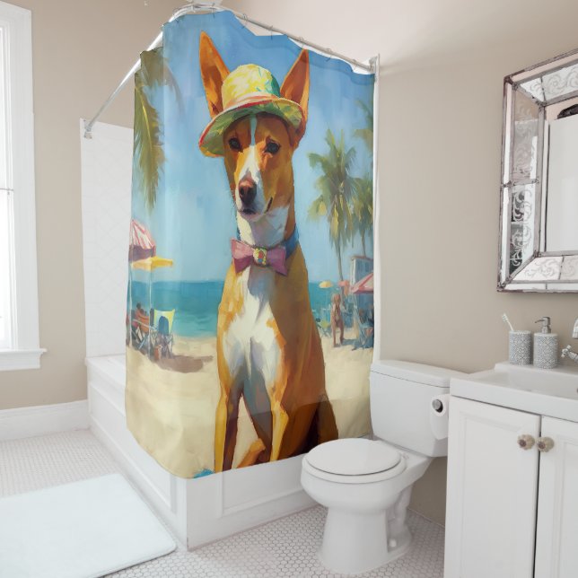 Basenji  on Beach, summer gift for dog lovers  Shower Curtain (In Situ)