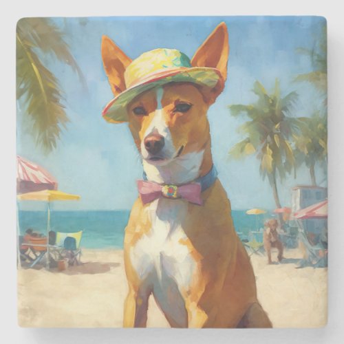 Basenji  on Beach summer gift for dog lovers  Stone Coaster