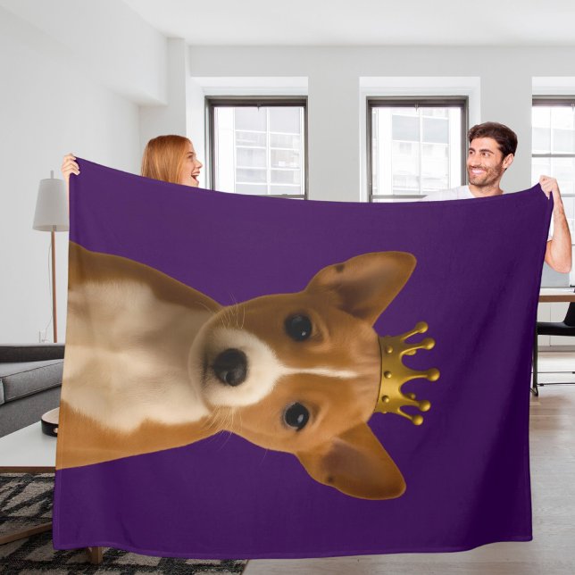 Basenji Puppy in Gold Crown Cute Fleece Blanket (Basenji Puppy in Gold Crown Cute Fleece Blanket by Ricaso. A brown and white puppy on purple )