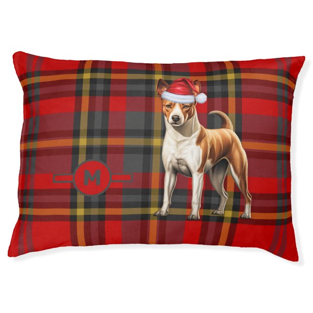 Basenji Red Green Holiday Plaid Monogrammed Dog Pet Bed (Front)