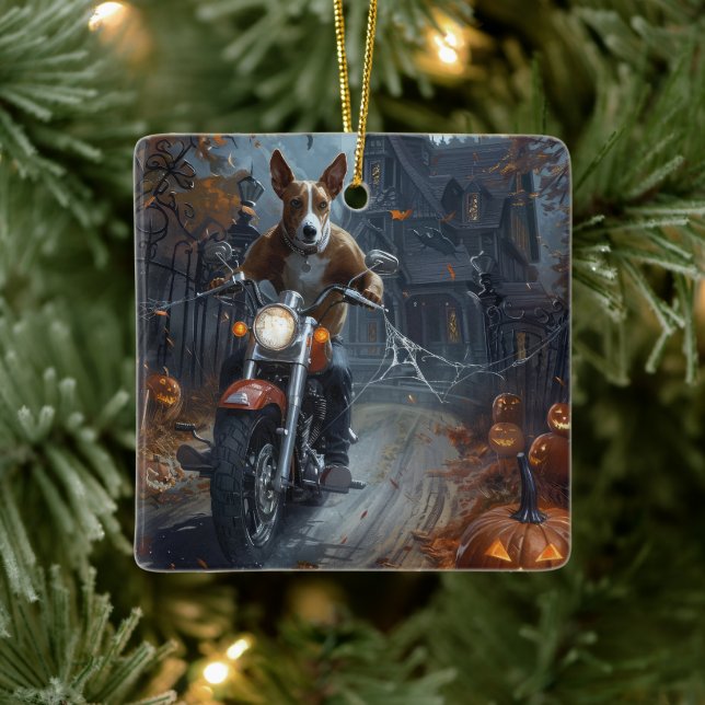 Basenji Riding Motorcycle Halloween Scary Ceramic Ornament (Tree)