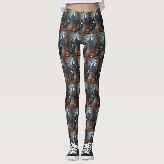 Basenji Riding Motorcycle Halloween Scary Leggings (Front)