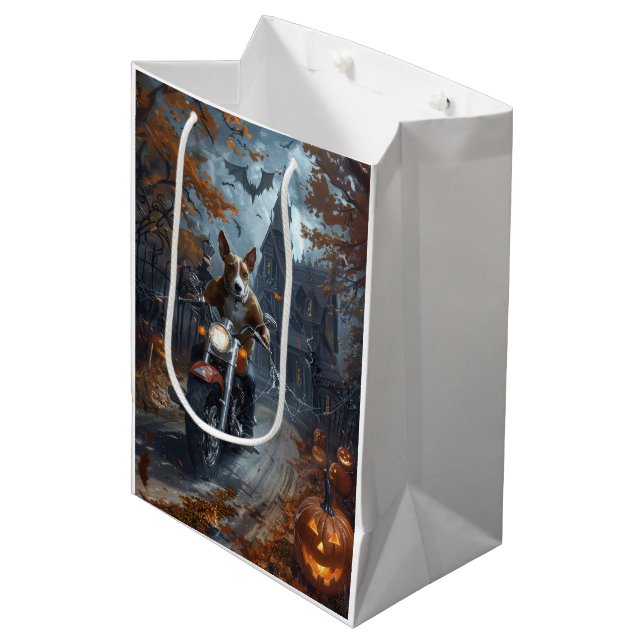 Basenji Riding Motorcycle Halloween Scary Medium Gift Bag (Front Angled)