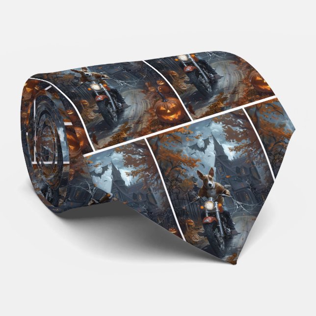Basenji Riding Motorcycle Halloween Scary Neck Tie (Rolled)