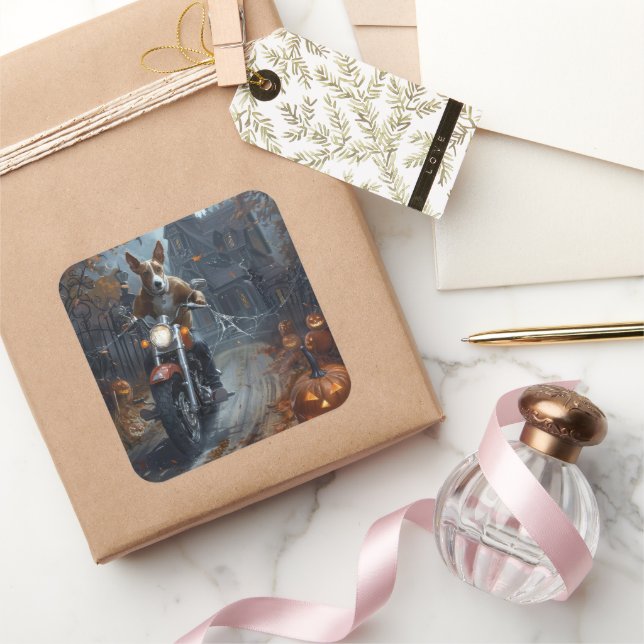 Basenji Riding Motorcycle Halloween Scary Square Sticker (Gifting)