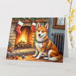 Basenji Sitting by Fireplace with Christmas Lights Card