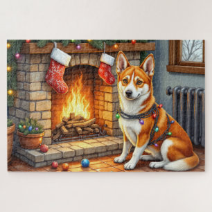 Basenji Sitting by Fireplace with Christmas Lights Jigsaw Puzzle