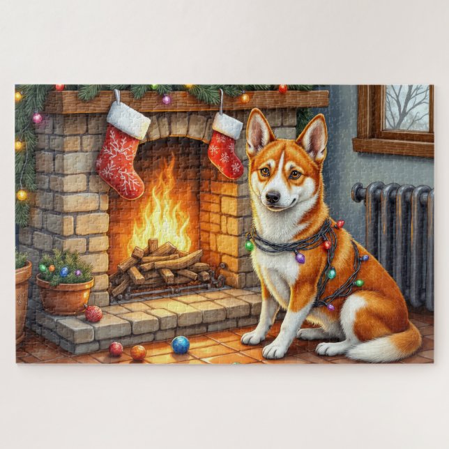 Basenji Sitting by Fireplace with Christmas Lights Jigsaw Puzzle (Horizontal)