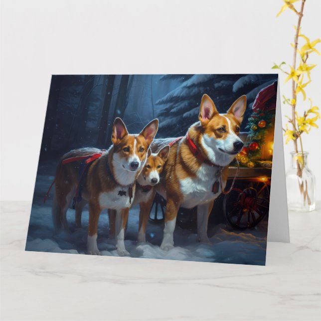 Basenji Snowy Sleigh Christmas Decor Card (Yellow Flower)