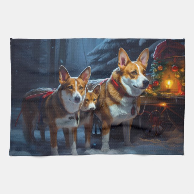 Basenji Snowy Sleigh Christmas Decor Kitchen Towel (Horizontal)