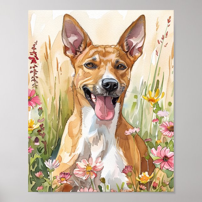 Basenji Watercolor Dog Art – Happy Floral Portrait Poster (Front)