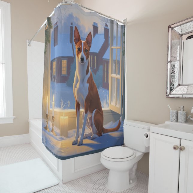 Basenji With Christmas Lights Holiday Shower Curtain (In Situ)