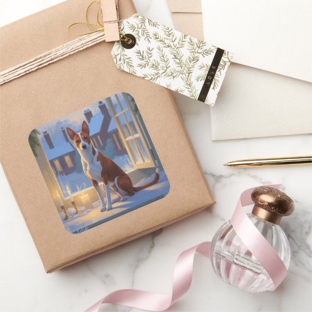 Basenji With Christmas Lights Holiday Square Sticker (Gifting)