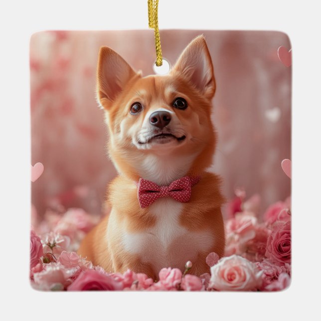 Basenji with Roses - Valentine's Day Ceramic Ornament (Front)