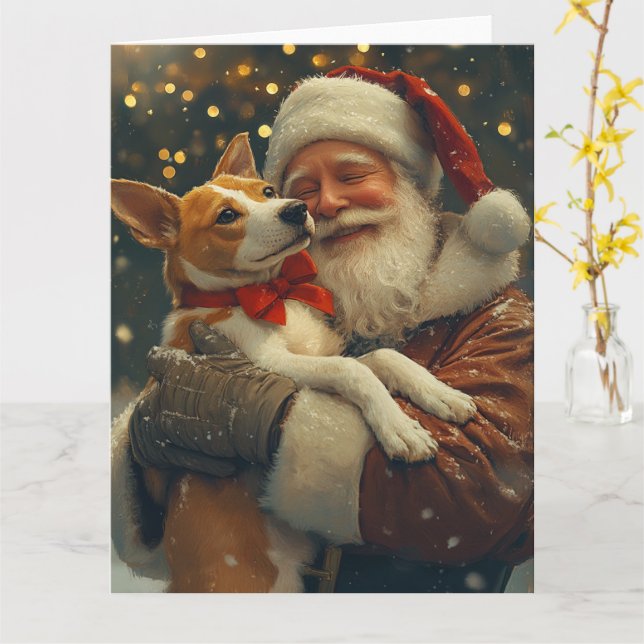 Basenji with Santa Claus Festive Christmas Card (Yellow Flower)