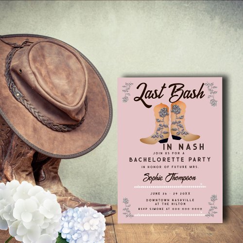 Bash Nash Cowgirl Boots Roses Pink Bachelorette Invitation