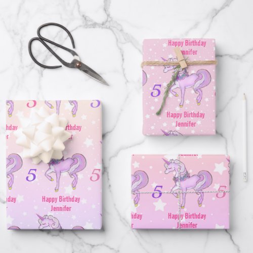 Bashful Unicorn Personalize Name Age Pink Stars 3  Wrapping Paper Sheets