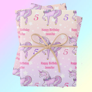 Bashful Unicorn Personalize Name Age Pink Stars 3 Wrapping Paper Sheets