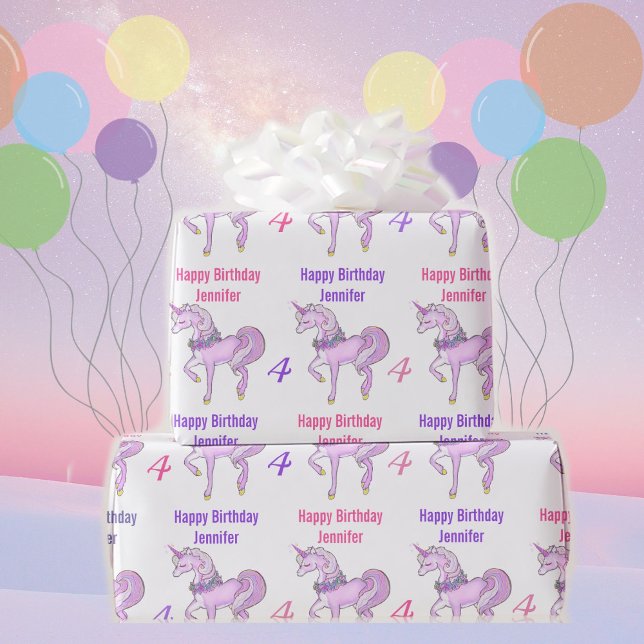 Bashful Unicorn Personalize Name Age Pink Stars Wrapping Paper (Creator Uploaded)