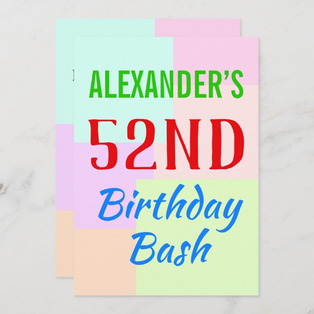 Basic "52nd Birthday Bash" Birthday Invitation (Front/Back)