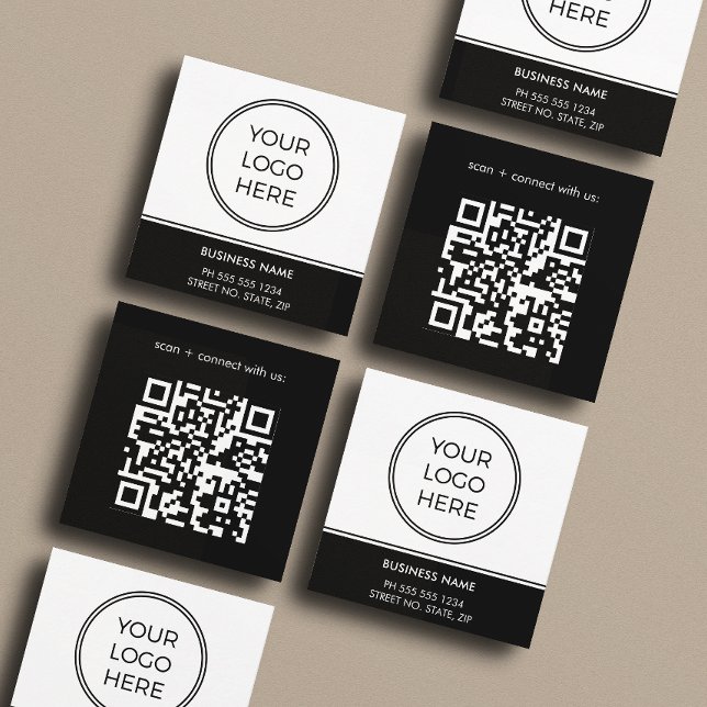 Basic Black Business Logo QR Code  Square Business Card (Front and back of 2.5 inch square business card. Choose a corner and paper style.)