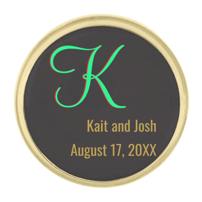 Basic Black Fabulous Wedding Monogram Great Value Gold Finish Lapel Pin (Front)