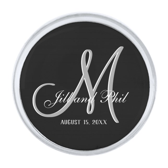Basic Black Fabulous Wedding Monogram Great Value Silver Finish Lapel Pin (Front)