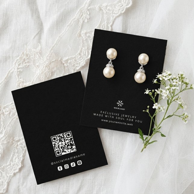 Basic Black Jewelry Display Template Logo TMF26 Business Card (Basic Minimalist Black Jewelry Display Card Template, featuring Business Logo, Custom QR Code.)