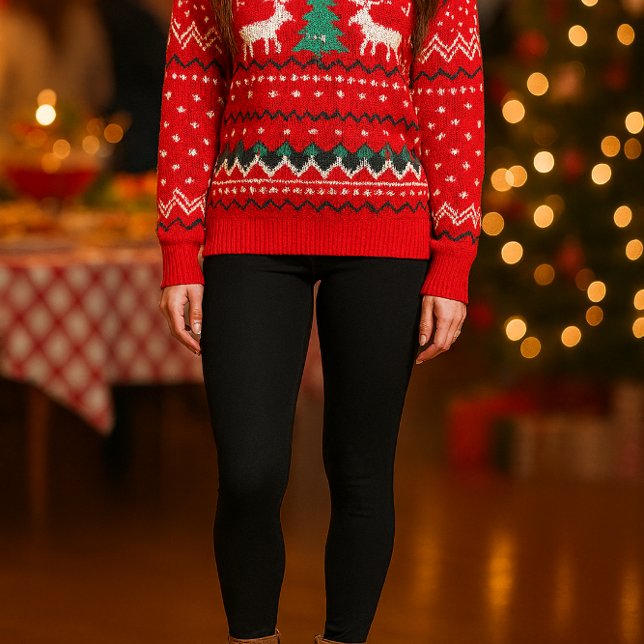 Basic Black Medium Weight Leggings ("Basic black legging shown with festive Christmas sweater for a stylish party look")
