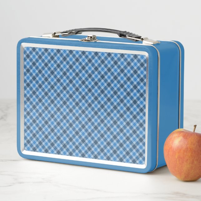 Basic Blue/Baby Blue Gingham Diagonal Plaid Metal Lunch Box (In Situ)