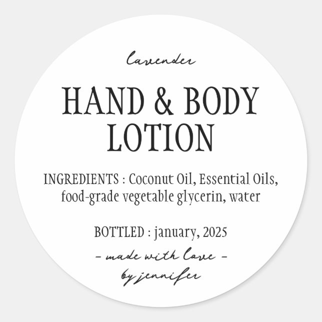 Basic Bottle Hand Body Lotion Ingredients Classic Round Sticker (Front)