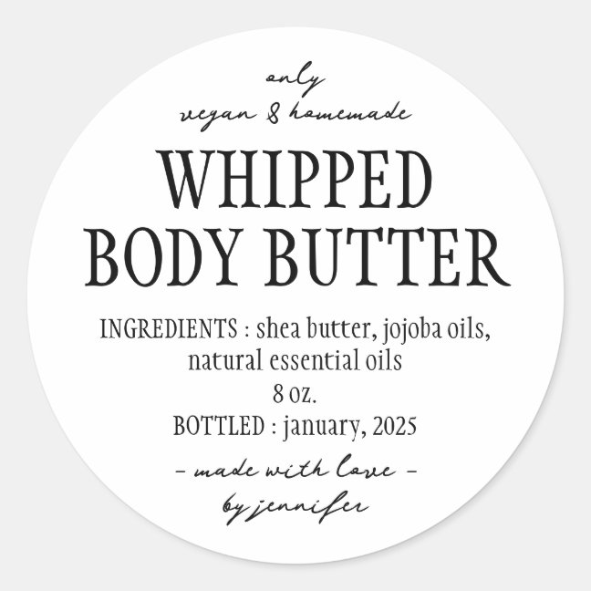 Basic Bottle Whipped Body Butter Ingredients Classic Round Sticker