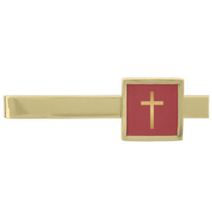 Basic Christian Cross Golden Ratio Gold Red Finish Tie Clip