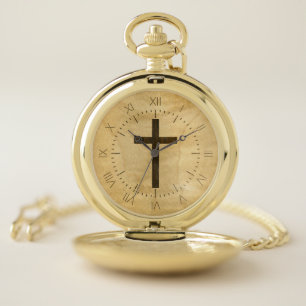 Basic Christian Cross Wooden Veneer Maple Rosewood Pocket Watch