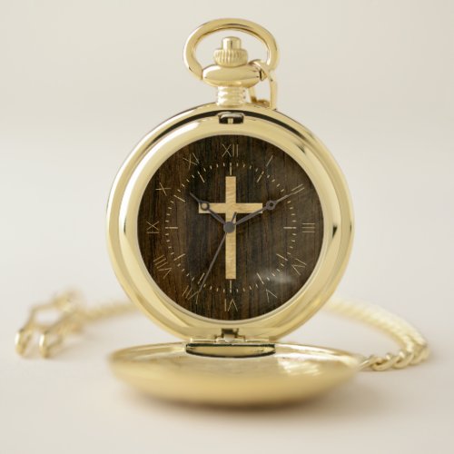 Basic Christian Cross Wooden Veneer Maple Rosewood Pocket Watch