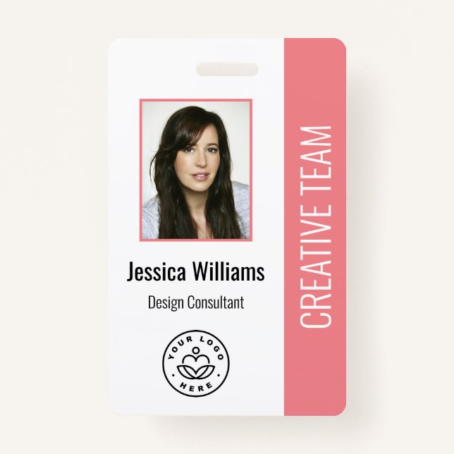 Basic Company Logo Photo Pink Employee ID Badge (Front)