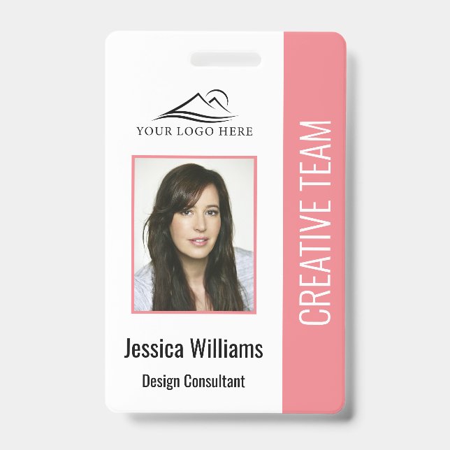 Basic Company Logo Photo Pink Employee Security Badge (Front)