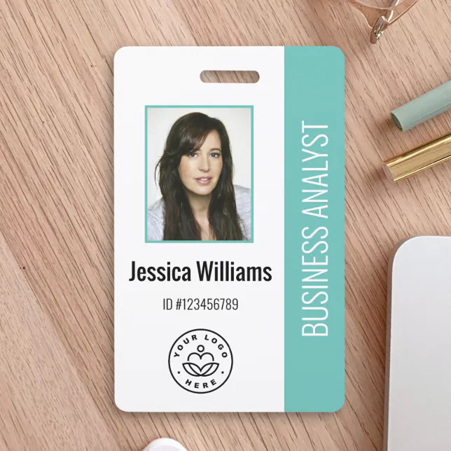 Basic Company Logo Photo Teal Employee ID Badge | Zazzle