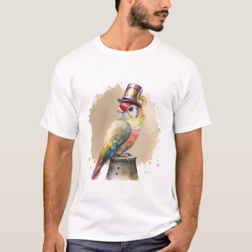 Basic Dark T_Shirt _ Colorful bird wearing a hat