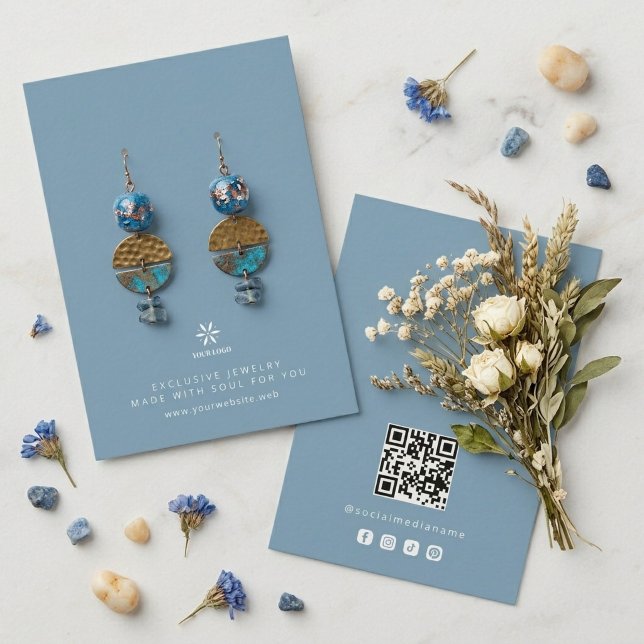 Basic Dusty Blue Jewelry Display Logo TMF26 Business Card (Basic Minimalist Dusty Blue Jewelry Display Card Template, featuring Business Logo.)