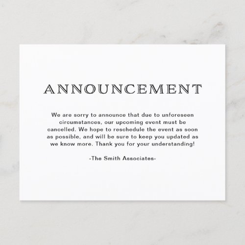 Basic Elegant Black and White Cancellation Announcement Postcard