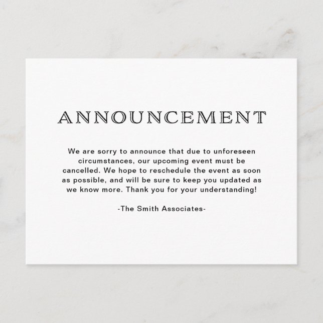 Basic Elegant Black and White Cancellation Announcement Postcard (Front)