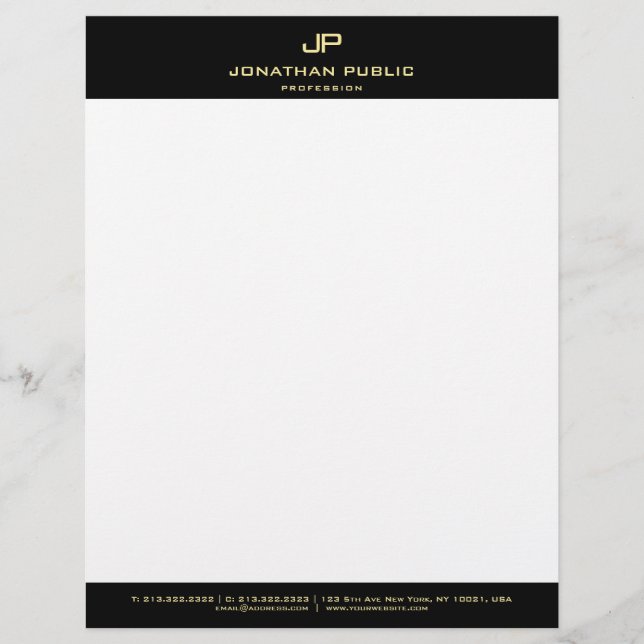 Basic Elegant Black Gold Monogram Simple Modern Letterhead (Front)