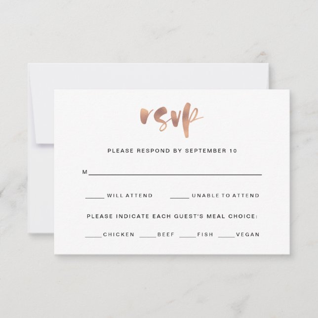 Basic Elegant Faux Rose Gold Wedding Meal Choice RSVP Card (Front)