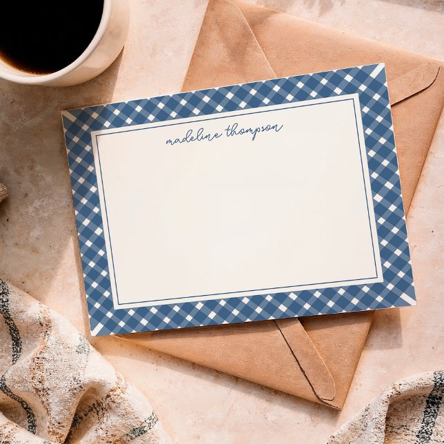 Basic Gingham Light Navy Blue Border Note Card (Creator Uploaded)
