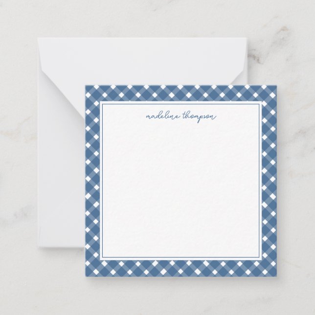 Basic Gingham Light Navy Blue Border Sqaure Note Card (Front)