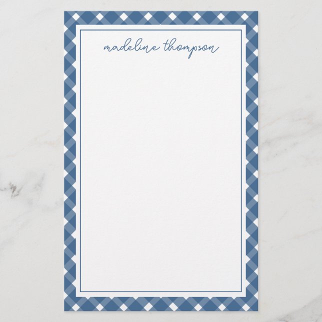 Basic Gingham Light Navy Blue Border Stationery (Front)